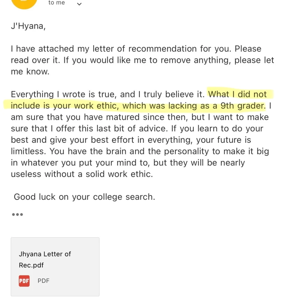 A screenshot of an email from a teacher criticizing a "lacking work ethic" while praising a "limitless" future.
